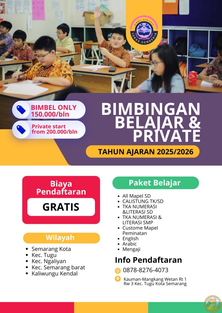 SmgMenfess's tweet image. ndes, ndes! 
BIMBINGAN BELAJAR &amp;amp; PRIVATE TA 2025/2026
sudah dibuka
✅ SD • Calistung TK/SD
✅ Numerasi &amp;amp; Literasi
✅ English • Arabic • Mengaji
💸 Cukup 150rb/bln
💸 Mulai 200rb/bln
GRATIS pendaftaran
📍 Semarang &amp;amp; sekitarnya
📞 0878-8276-4073(Mrs Na)
#BimbelSD #TKA #Private