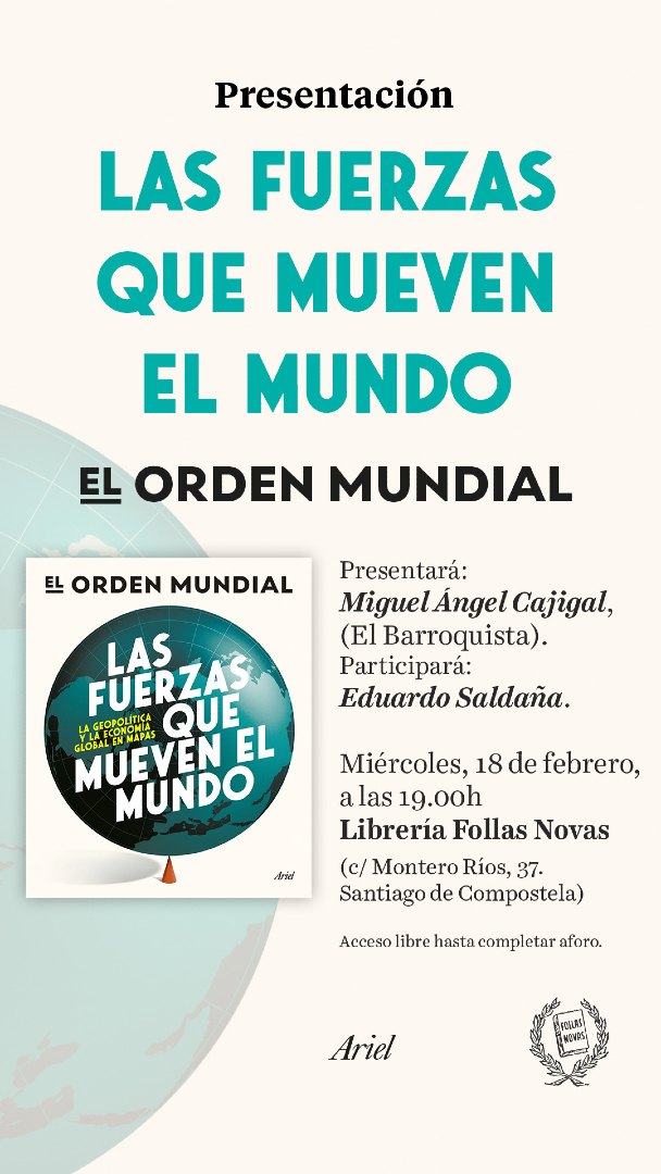 🤩¡Vamos a Santiago a presentaros el atlas!

¿Dónde y cuándo?

📍El 18 de febrero estaremos presentando 'Las fuerzas que mueven el mundo' a las 19:00 horas en la Librería Follas Novas

La entrada es libre hasta completar aforo. ¡No te lo pierdas! 👀