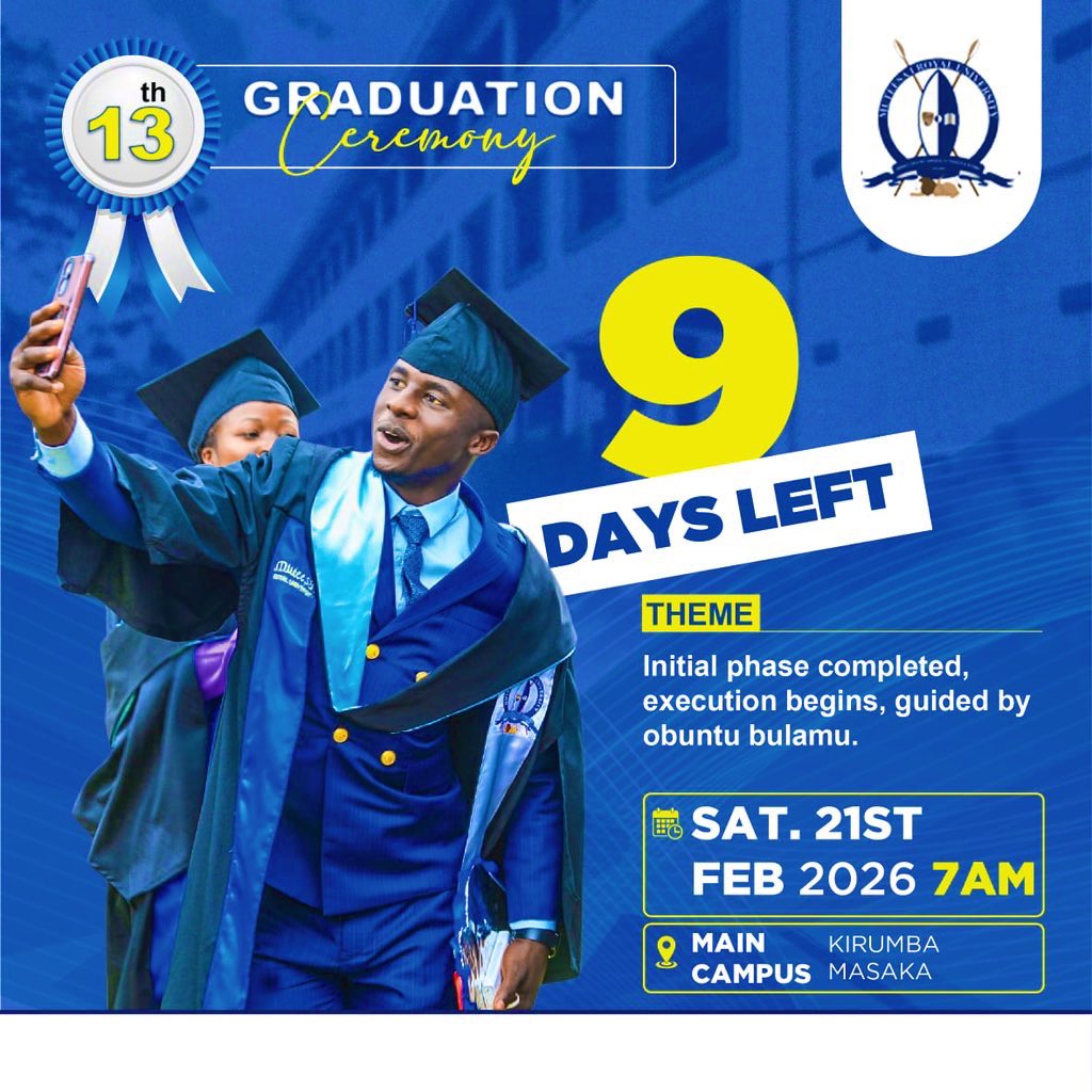 MuteesaIRoyal's tweet photo. Only 9 DAYS to go until our 13th Graduation Ceremony. The gowns are ready, the stage is set, and the excitement is real.
Who are you bringing to witness your big moment? Tag your graduation squad.
#9DaysToGo #13thGraduation #ClassOf2026 #RoadToGraduation https://t.co/8HpPeh1WWs