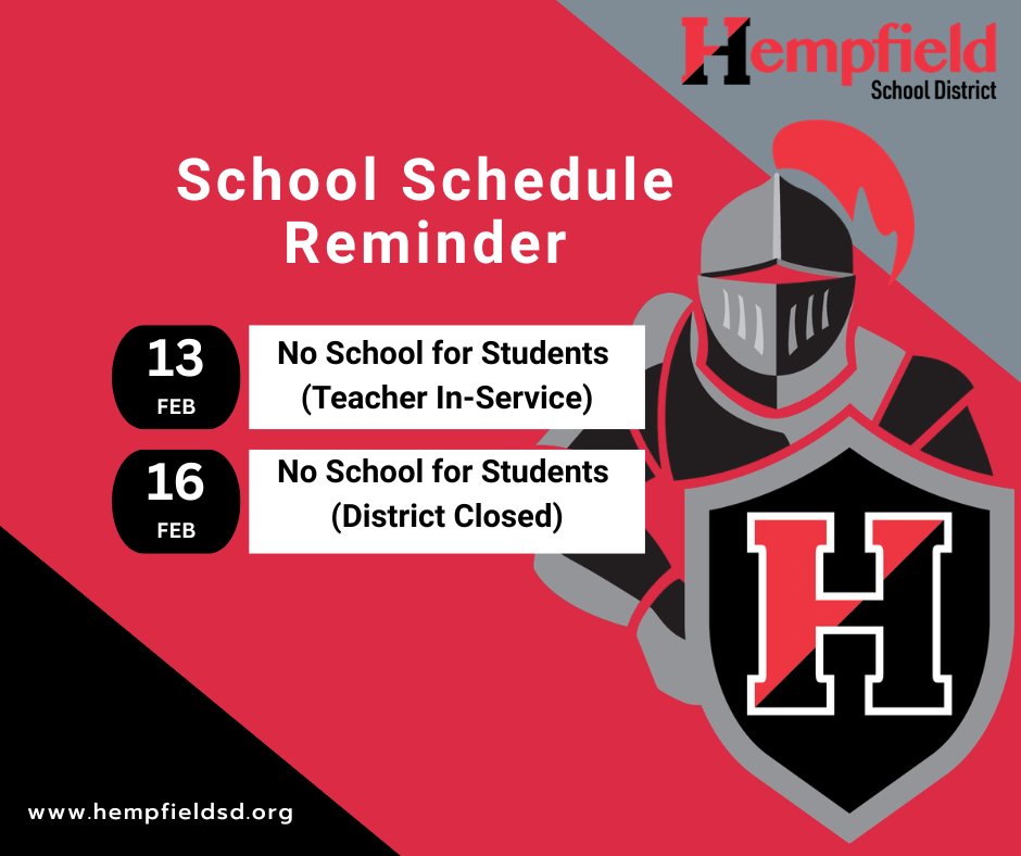 🗓️ School Schedule Reminder!

🔴 Friday, Feb. 13 – No School for Students (Teacher In-Service Day)
🔴 Monday, Feb. 16 – No School for Students (District Closed)

#BlackKnightPride ❤️🖤
