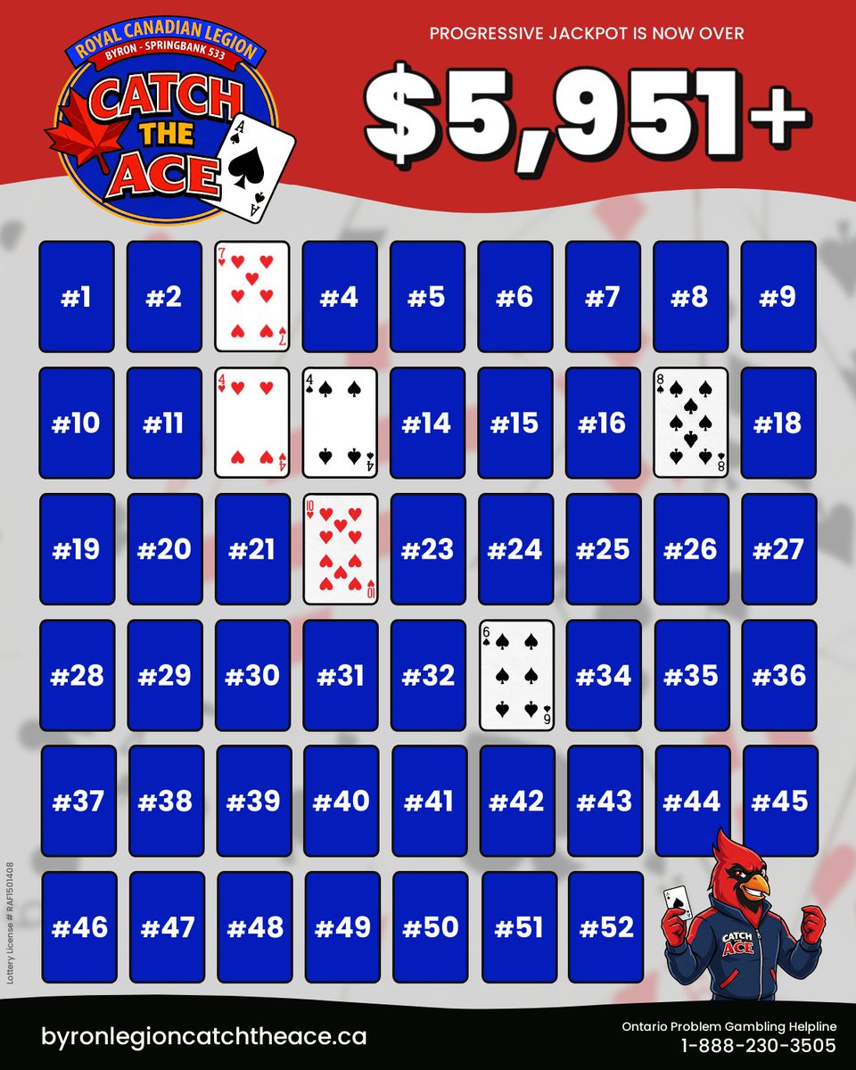 Do you have your Byron Catch the Ace tickets for this Sunday, February 15?

👉 Est. progressive jackpot: $5,951+
👉 Est. combined prize if the Ace of Spades is found: $6,900+

Buy tickets online at byronlegioncatchtheace.ca 

Lottery Licence #: RAF1501408