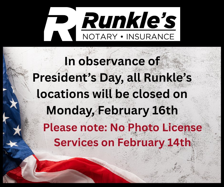 parunkles's tweet photo. Runkle's Notary &amp; Insurance will be closed Monday, February 16th for President's Day. We will reopen on Tuesday with regular hours. Enjoy the holiday as we honor the leaders who shaped our nation! #Runkles #Notary #TagAndTitle https://t.co/x0PNPRsYTn