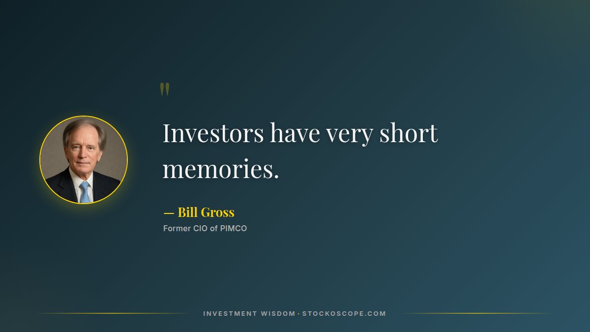 stockoscope's tweet image. Investment wisdom from Bill Gross

Market participants repeatedly make the same mistakes due to recency bias and forgetting historical lessons.

#InvestingWisdom #Gross #BehavioralFinance #HistoricalPerspective #RecencyBias