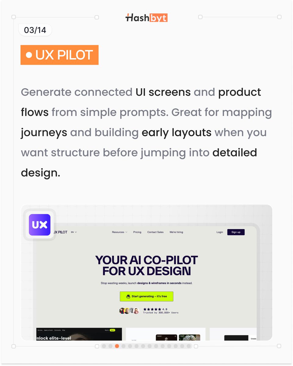 hashbyt's tweet photo. UX Pilot
Generate connected UI screens + product flows from prompts.
Perfect for mapping journeys before detailed design.
#UXTools #DesignWorkflow https://t.co/4Z6a5Ae4gU
