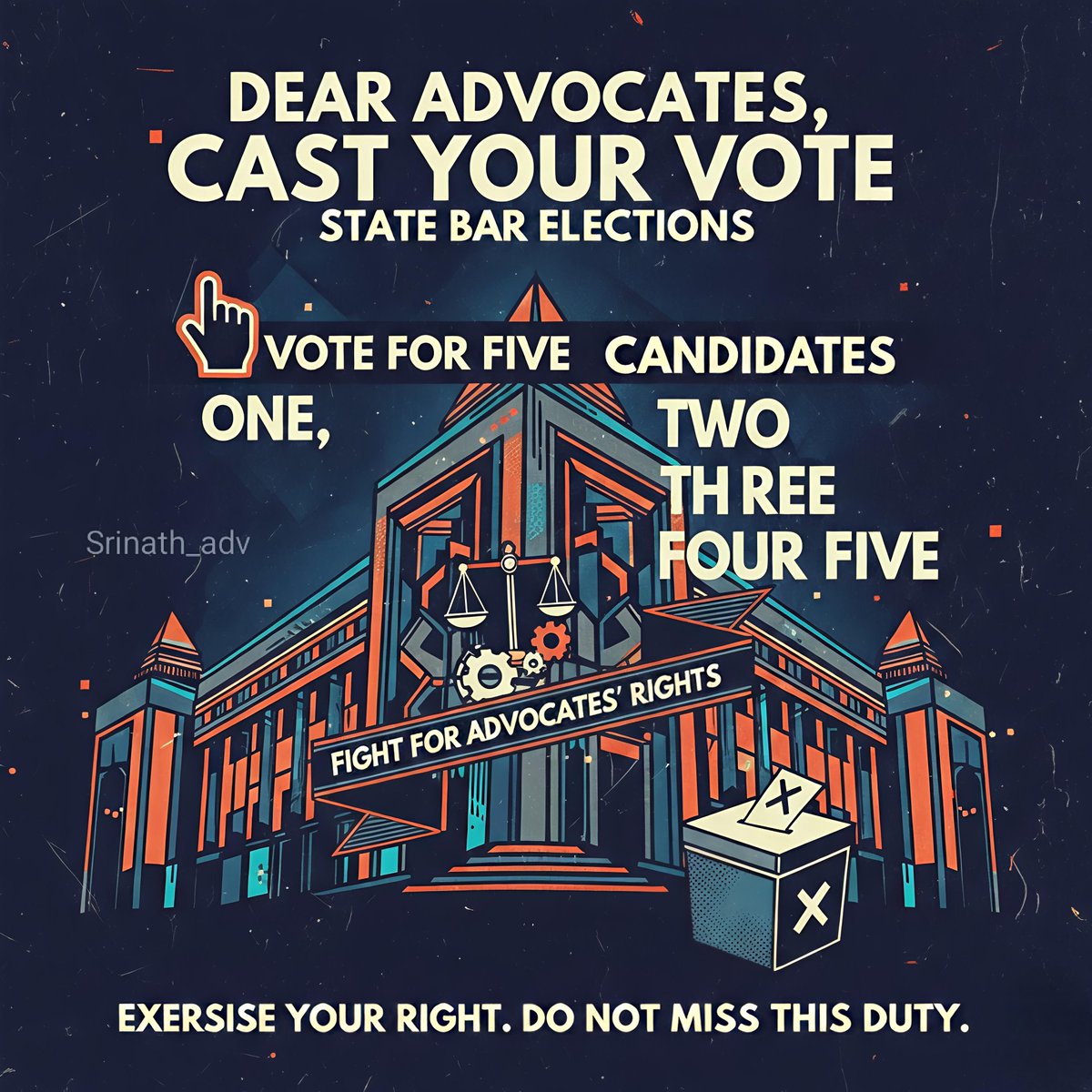 srinath_adv's tweet image. Dear Advocates,
If you do not have any prior commitments, kindly let me know🙏🏻
I will share the list of candidates who will fight for advocates’ rights.
#VoteforRights #APStateBarElections 
#Advocates 
#Vote