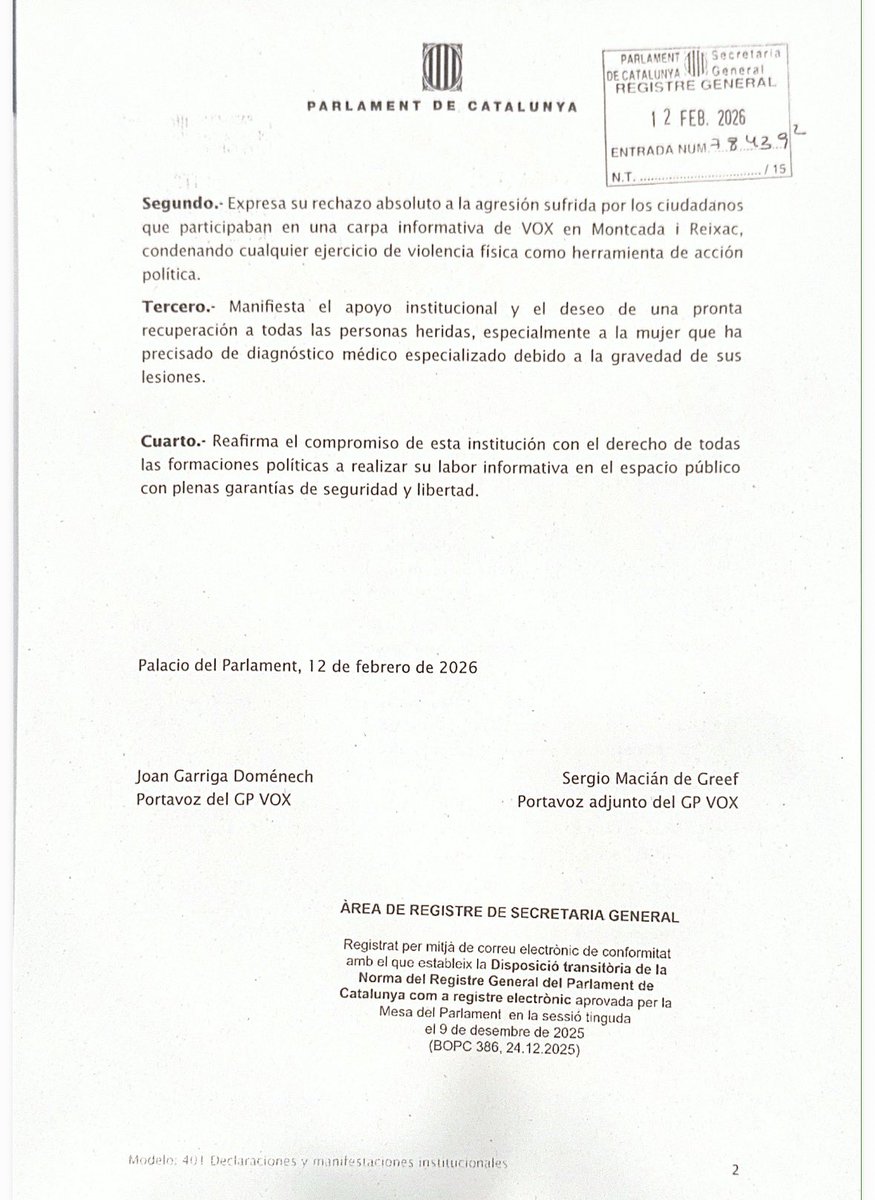 ‼️#URGENTE

Presentamos una propuesta de Declaración Institucional de condena a la vergonzosa agresión a una carpa de VOX en Montcada i Reixac con resultado de una afiliada herida en la costilla.

Seguimos esperando la condena rotunda y clara del resto de partidos políticos.