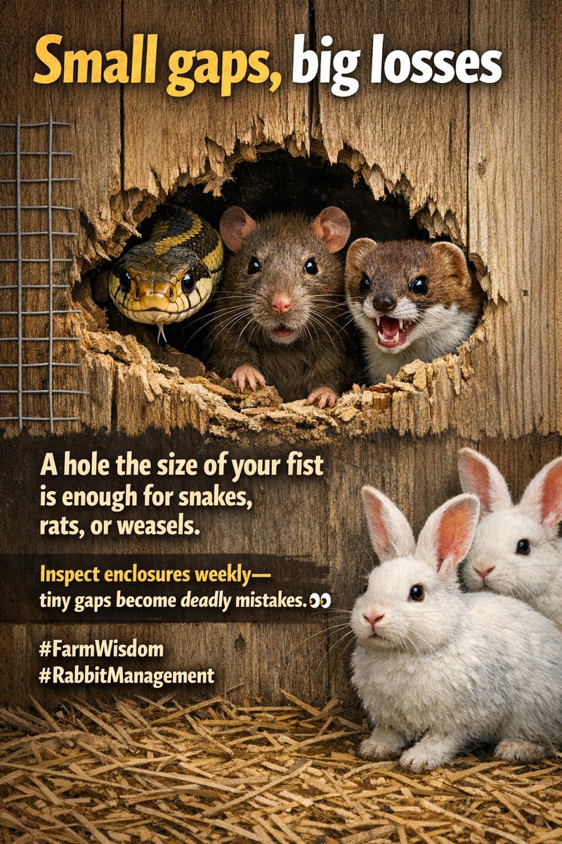 MwonFarms's tweet image. Small gaps, big losses
A hole the size of your fist is enough for snakes, rats, or weasels. Inspect enclosures weekly—tiny gaps become deadly mistakes. 👀
#FarmWisdom #RabbitManagement