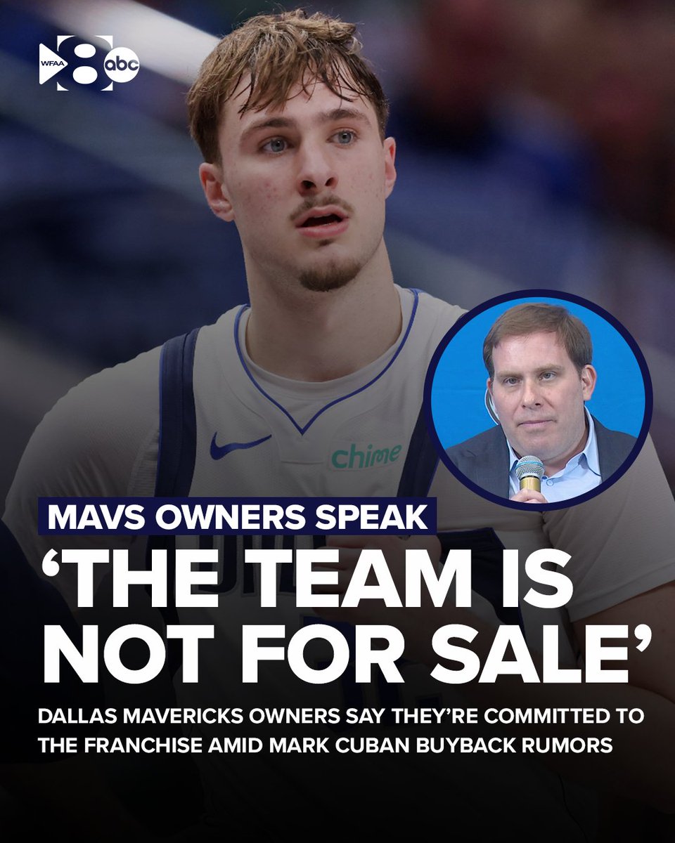wfaa's tweet image. 'NOT FOR SALE': The Dallas Mavericks owners say they're committed to the franchise amid rumors of Mark Cuban being interested in buying back the team.

Full story: wfaa.com/article/sports…