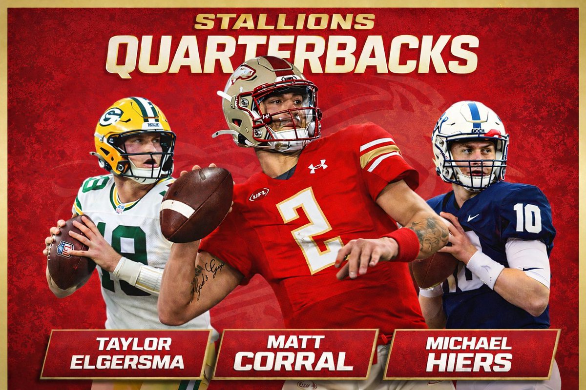 SOTStallions's tweet photo. Who’s ready for some fireworks at Protective Stadium? 🐎🔥

With Matt Corral returning and the additions of Taylor Elgersma and local legend Michael Hiers, the Stallions QB room is looking stacked for 2026 🎯

Who’s your pick for QB1?👇 https://t.co/nRn0DC7BeS