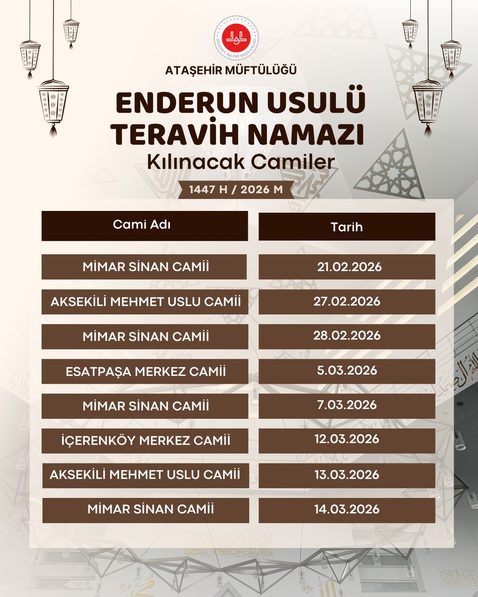 2026 YLIL RAMAZAN AYI ENDERUN USULÜ TERAVİH NAMAZI PROGRAMIMIZ