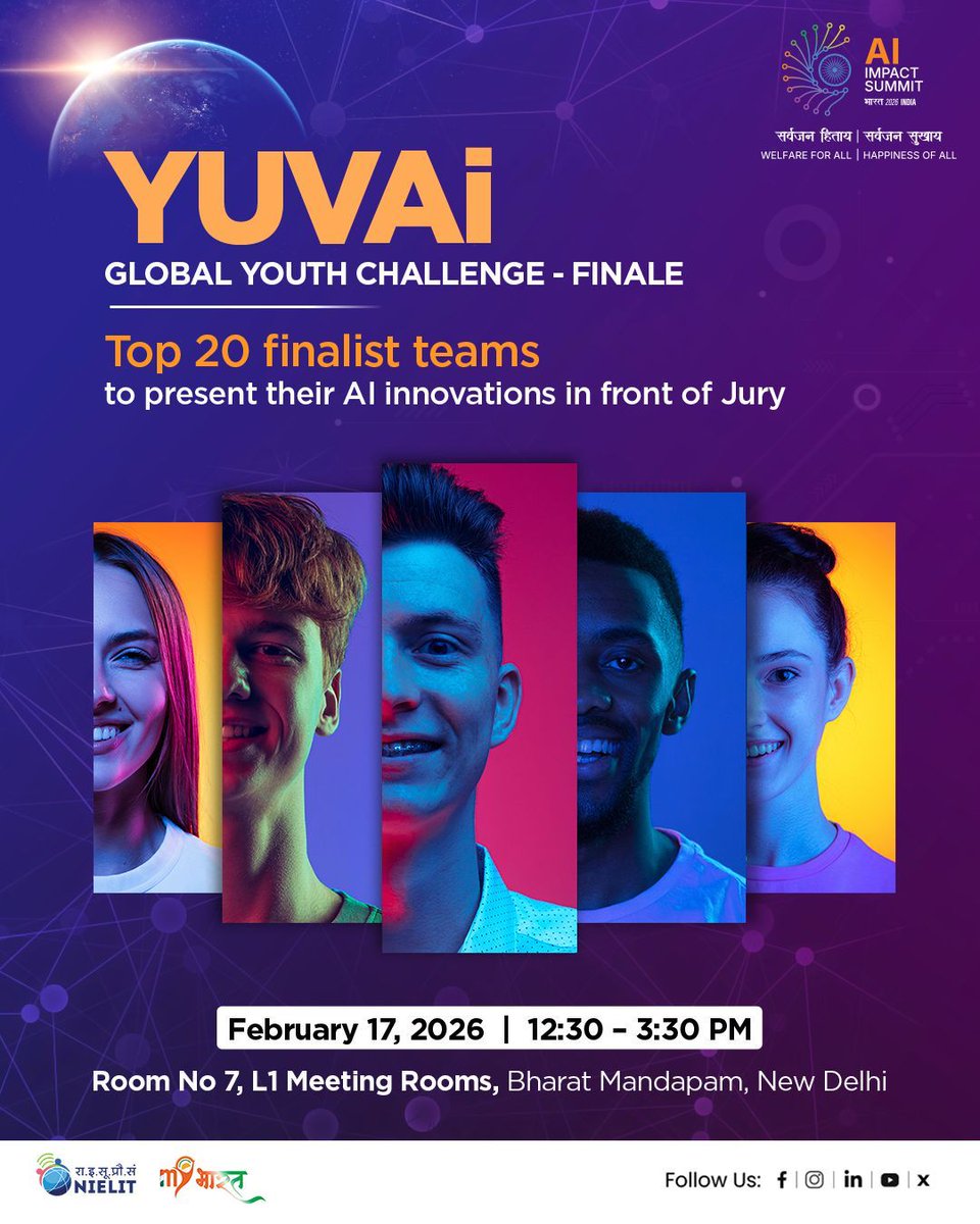 NeGD_GoI's tweet photo. YUVAi: Global Youth Challenge, brings you the finale, where Top 20 finalist teams will take the stage to present their AI innovations before an expert jury ideas 

#IndiaAIImpactSummit2026 #YUVAi #AIforGood #ResponsibleAI #PeoplePlanetProgress @MYBharatHQ  @NIELITIndia https://t.co/iAHrK4RSCw