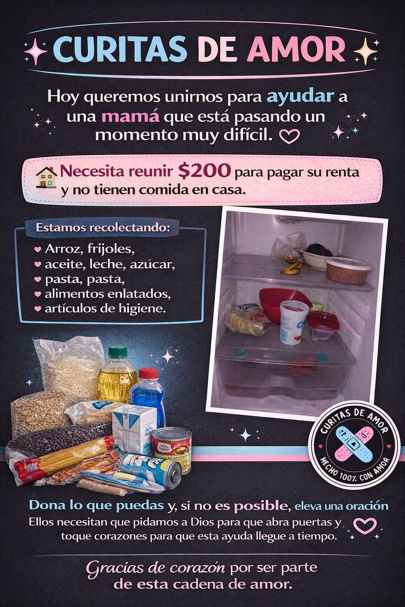 ✨ Curitas de Amor ✨
Hoy queremos pedirles ayuda para una familia que está pasando un momento muy difícil.
Necesitan reunir $200 para poder pagar su renta y además en este momento no tienen comidita en casa.

Sigue...