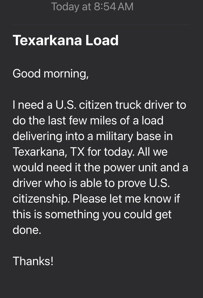 An Email I just received from a broker, this is the shit that makes my blood boil. How about higher a US citizen driver in the first place. <a href="/SecWar/">Secretary of War Pete Hegseth</a> Who’s hauling our military freight?