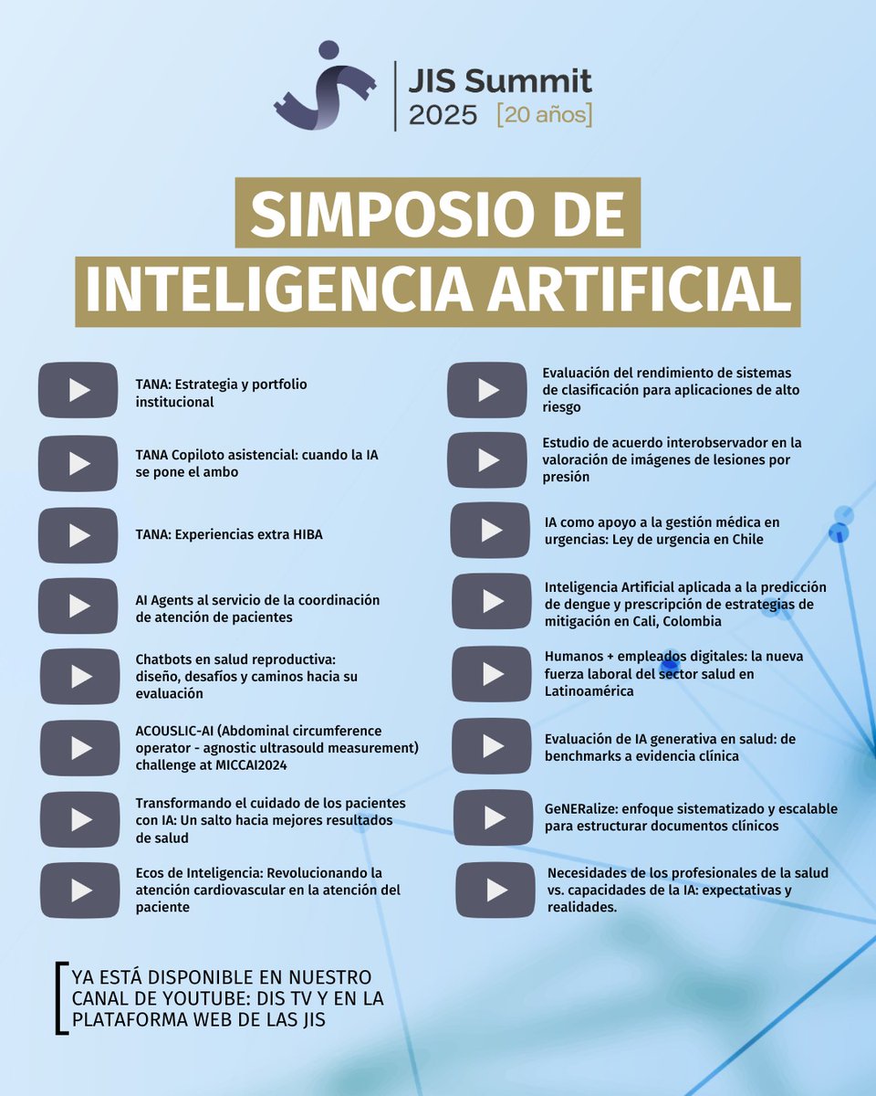 ¿Te interesa la #InteligenciaArtificial aplicada a la salud?
 
Ya podés acceder online a todas las charlas del Simposio de IA de las #JIS2025.

Las encontrás en nuestro canal de YouTube DIS TV y en la plataforma web de las Jornadas. 

🔗 Accedés acá: youtube.com/@DISTVhiba