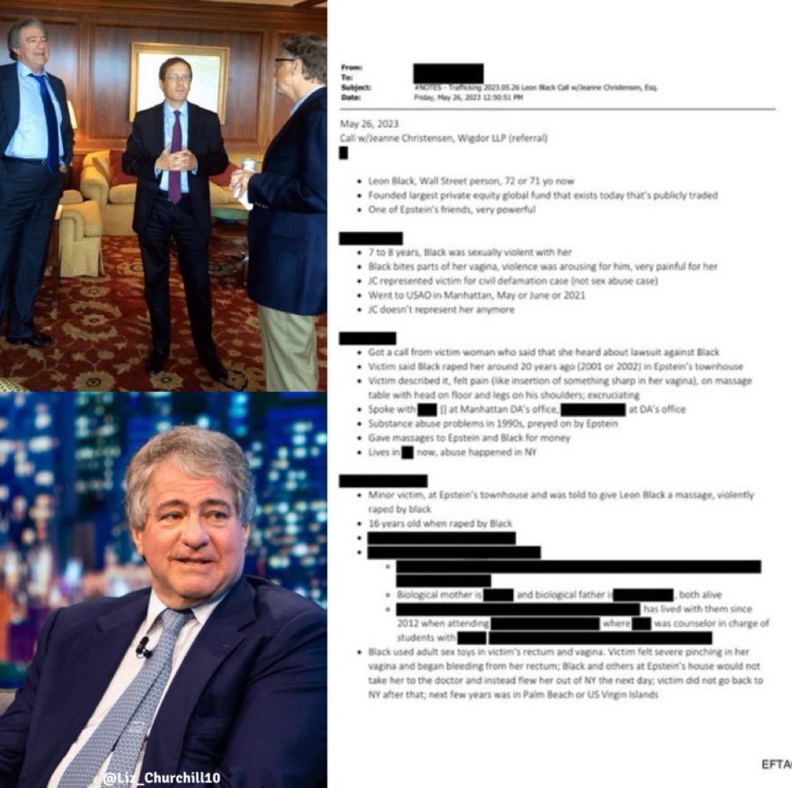 Leon Black's Epstein ties are sickening and outrageous. 

This billionaire allegedly RAPED and BIT victims' genitalia during brutal assaults at Epstein's mansion, leaving them in excruciating pain, bleeding, and devastated.

He funneled OVER $158 MILLION to convicted sex offender
