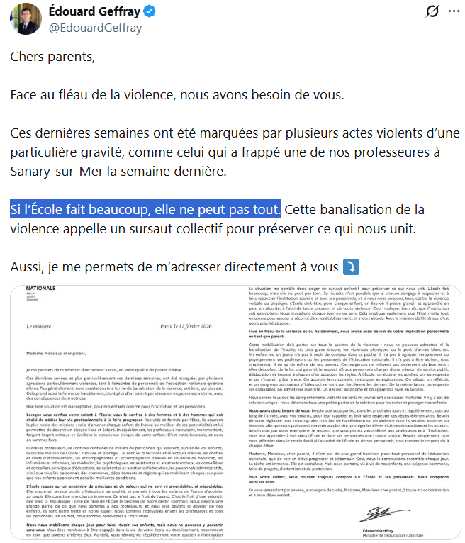 Sonic_urticant's tweet photo. Lettre fondatrice.
Car 1ère fois de la part d'un ministre.
L'ECOLE NE PEUT PAS TOUT.
"Face au fléau de la violence et du harcèlement nous avons besoin de votre implication personnelle en tant que parents"
"L'école repose sur des principes et valeurs qui ne sont pas négociables"
"Nous nous mobilisons chaque jour pour faire réussir vos enfants mais nous ne pouvons pas y parvenir sans vous"
"Nous avons besoin de vous"

RT SVP🔽
