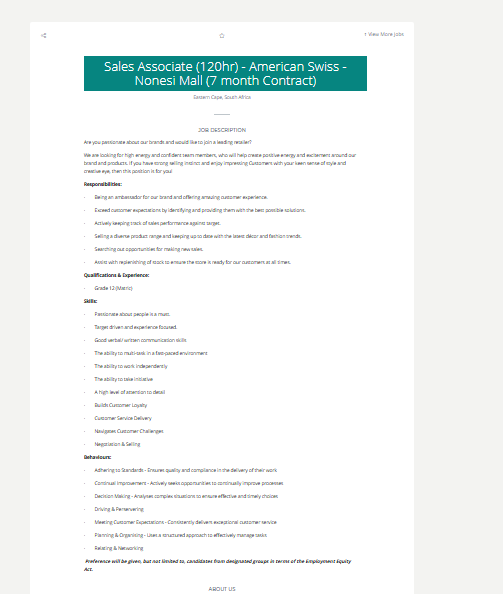 Job Alert!!!

Company: TFG
Position: Sales Associate
Location: Eastern Cape
Click here to apply: spanihunter.co.za/single-job/?id…
Closing Date: 17 FEB 2026

Please refer to the picture for more info