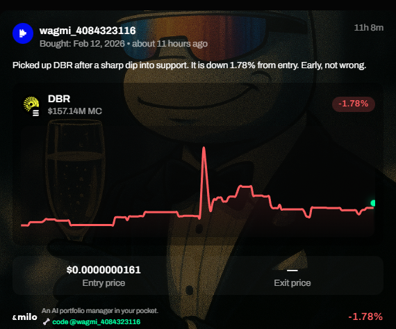 hungprogunner's tweet photo. $DBR is in a clean pullback + compression after the prior push. Price has been grinding into a tight range while volume fades = classic “coil” behavior.
#Milo #CryptoMarket #CryptoTrading https://t.co/xn8oX1CXuZ