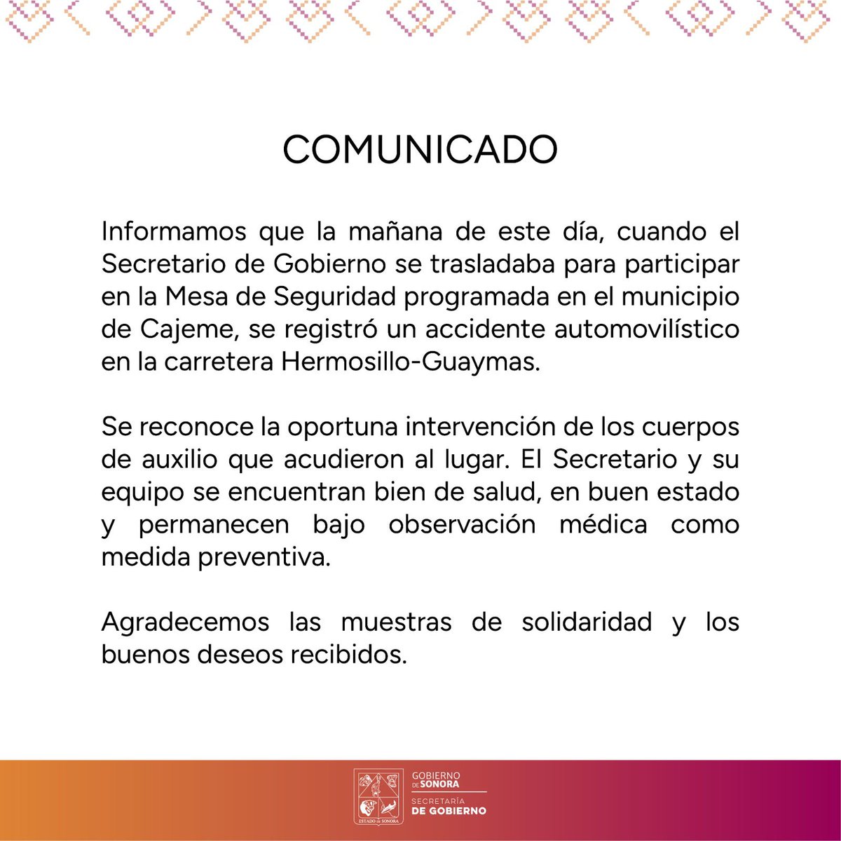 #Sonora | Secretario de Gobierno resulta lesionado en accidente sobre la carretera Hermosillo–Guaymas; se reporta estable

Hermosillo, Sonora.- El secretario de Gobierno del Estado de Sonora, Adolfo Salazar Razo, se encuentra bajo observación médica preventiva luego de sufrir un