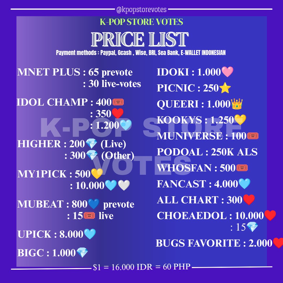 AVAILABLE FOR SALE 📣‼️

✅ Open Reservation 
✅ Payment Before Vote
✅ No Cancel &amp; Refund
✅ Testi #PROOFKPOPSTOREVOTES
💵 Paypal/Gcash/Wise/BRI/SeaBank/E-Wallet Indonesian

DM for Buy or Reservation ✉️ 

🏷 jual sell sale wts wtb kpop jasa vote Mcountdown | Higher | Idol Champ