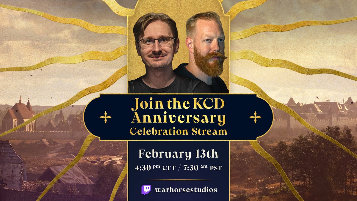 WarhorseStudios's tweet photo. 8 years since #KingdomComeDeliverance released and we’re going Live to celebrate!

Join Sir Tobi and Prokop at 4:30pm CET // 7:30am PST tomorrow to start the celebrations.

🎦 https://t.co/Ad6ju3IwNQ https://t.co/p3Hgikfa7V