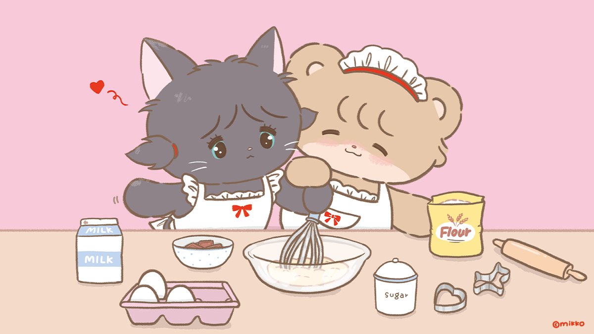 🐻ラテ｛じょうず、じょうず  
🐈‍⬛クール｛……まぜまぜ  

LATTE ♥ COOL  
Sweet Valentine Lesson 🍫💝