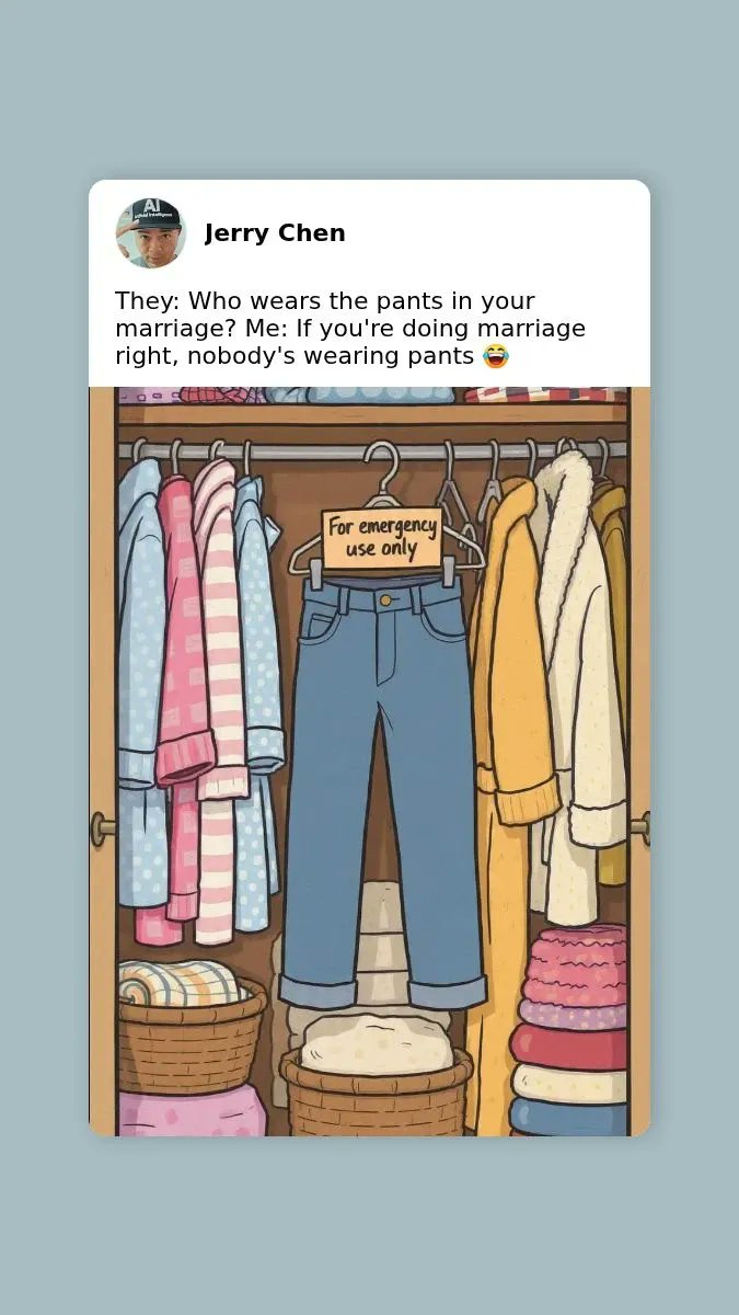 They: Who wears the pants in your marriage?
Me: If you're doing marriage right, nobody's wearing pants 😂
#marriagetips #whowearsthepants #lifelessons #alwayslearning