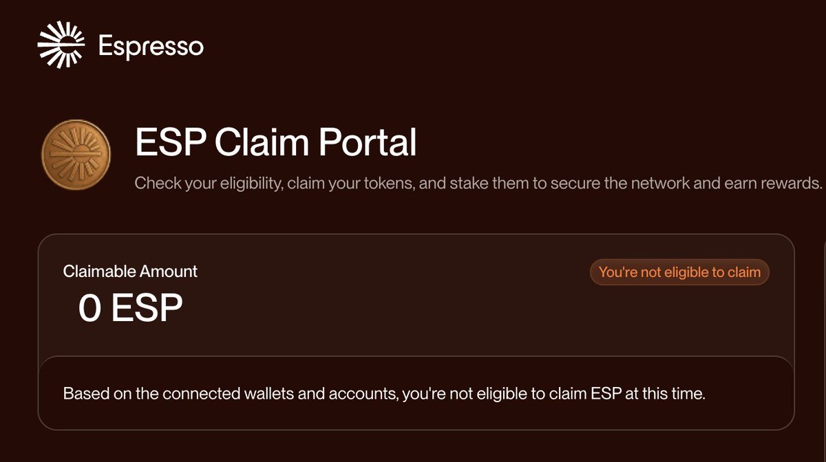 $ESP <a href="/espressoFNDN/">Espresso Foundation</a> 
エスプレッソClaim始まってた☕️
not eligibleでも悔しくない相場...

■claim
claim.espresso.foundation/claim