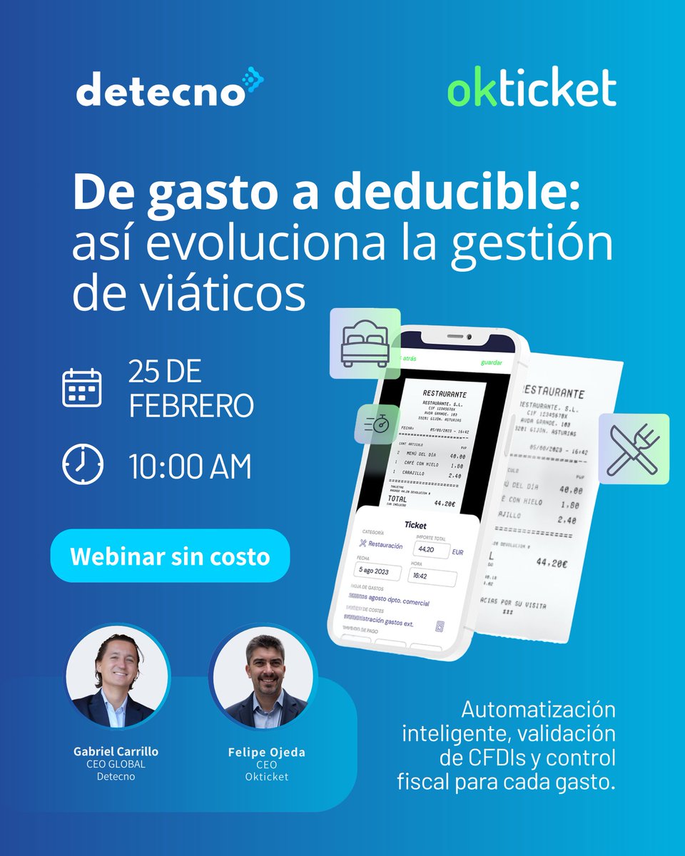 detecno_'s tweet photo. 📣 ¡Próximo webinar!

Descubre cómo automatizar la gestión de viáticos, validar CFDIs y convertir cada gasto en deducible sin perder control fiscal. 

📅 25 de febrero | 10:00 AM 
📌 Regístrate SIN COSTO:  https://t.co/hk9Op6aSRs https://t.co/jQBc83QoC0