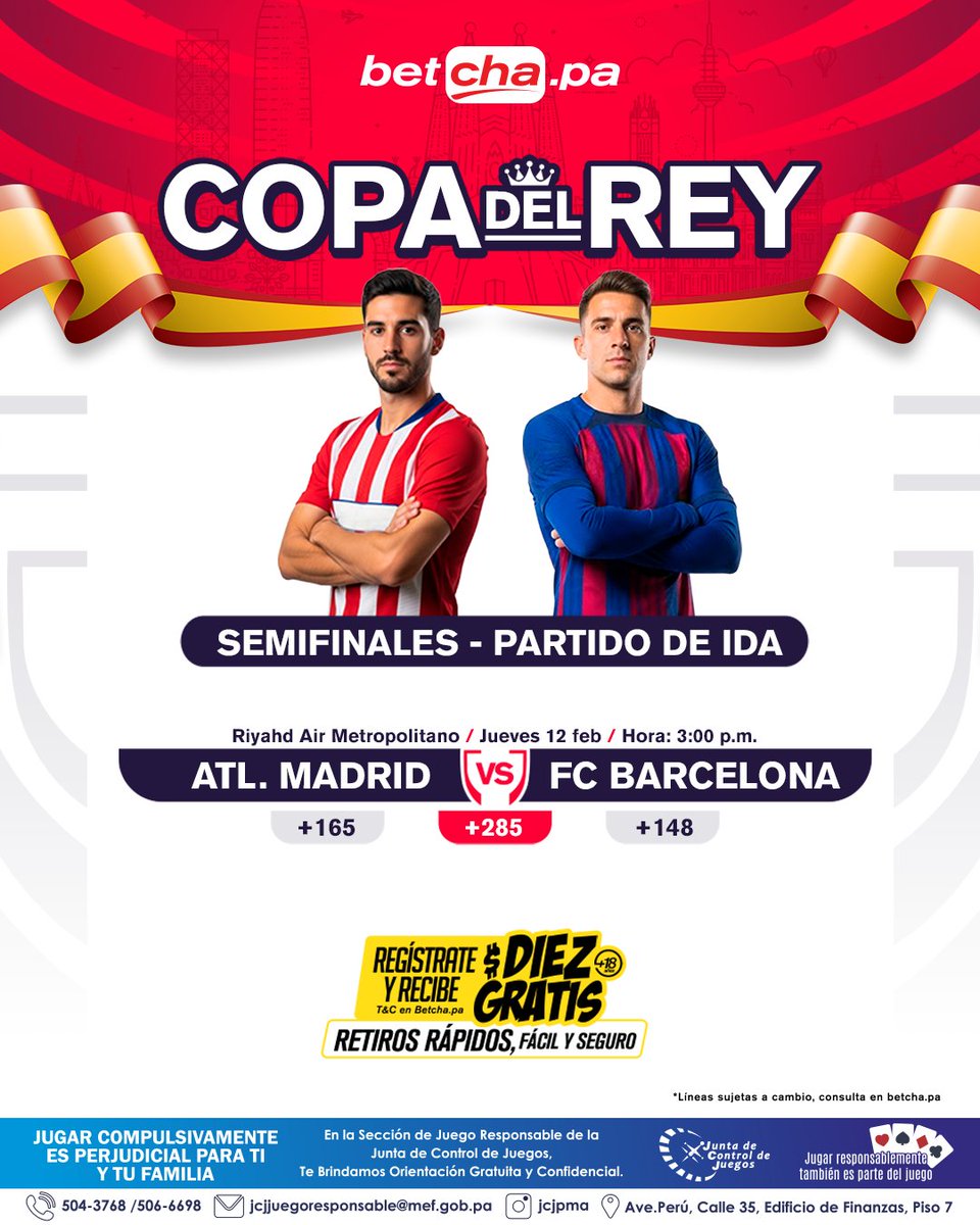 ¡PARTIDAZO EN LA COPA DEL REY!

Atlético de Madrid recibe al Barcelona por la ida de semifinales y en betcha.pa tenemos las mejores líneas para que juegues este partido.

¿Pronóstico para hoy?

📲 Regístrate en betcha.pa y recibe $10 de bono para tu