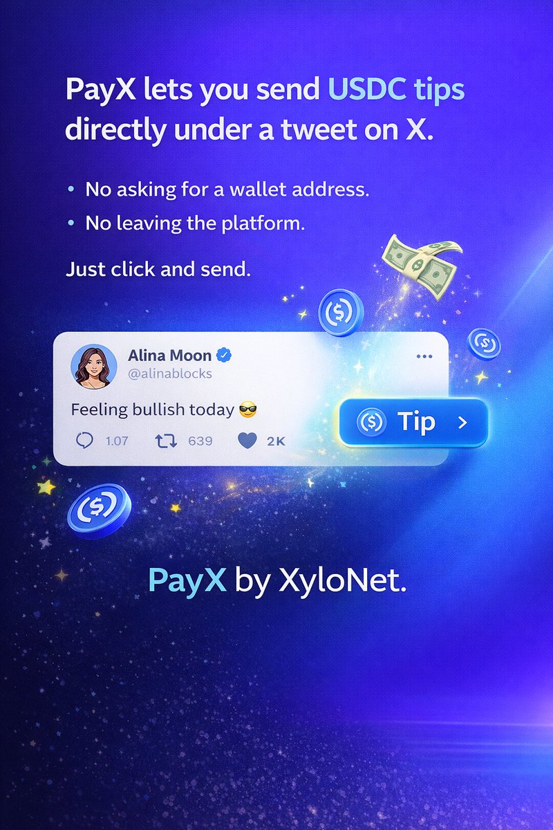 bottleboiz's tweet photo. @Xylonet_ on @arc
PayX lets you send USDC tips
directly under a tweet on X 💸
No asking for a wallet address 🙅♂️
No leaving the platform 🚪
Just click and send. ✅
PayX by XyloNet ✨
#PayX #XyloNet #USDC #SocialFi #CreatorEconomy https://t.co/Hptv3cN0sB