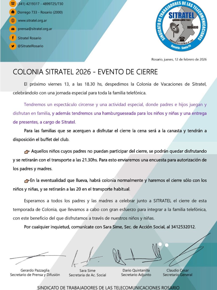 Colonia SITRATEL 2026 - EVENTO DE CIERRE