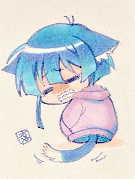 1282日目のアナログイラストはオリキャラのギザ歯ちゃんです。パーカーの中に手足収納してます。