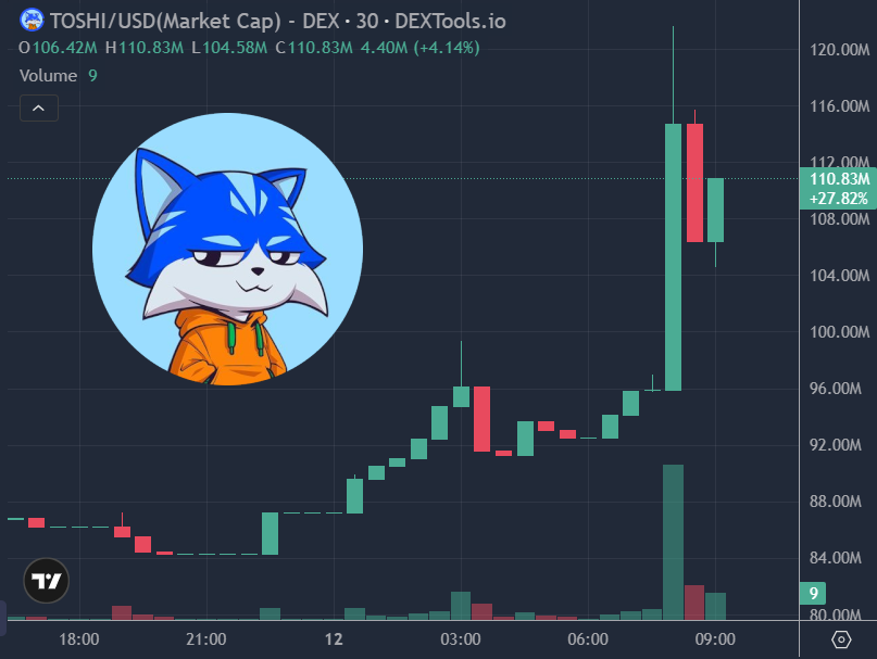 $TOSHI getting massive green candles this morning, reasons unknown

Up 40% on day

At this point, any blue chip meme (like $TOSHI) pumping is good for the markets

Hopefully, momentum builds