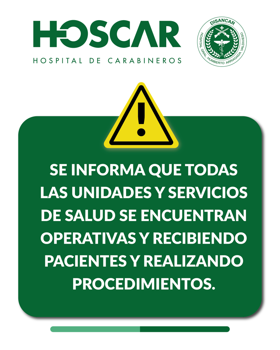 DISALCAR y EL HOSCAR informan a nuestra comunidad de usuarios y beneficiarios que la operatividad de nuestro Hospital y la continuidad del servicio de Laboratorio están plenamente garantizadas. Trabajamos bajo protocolos estrictos para velar por la seguridad de todos.