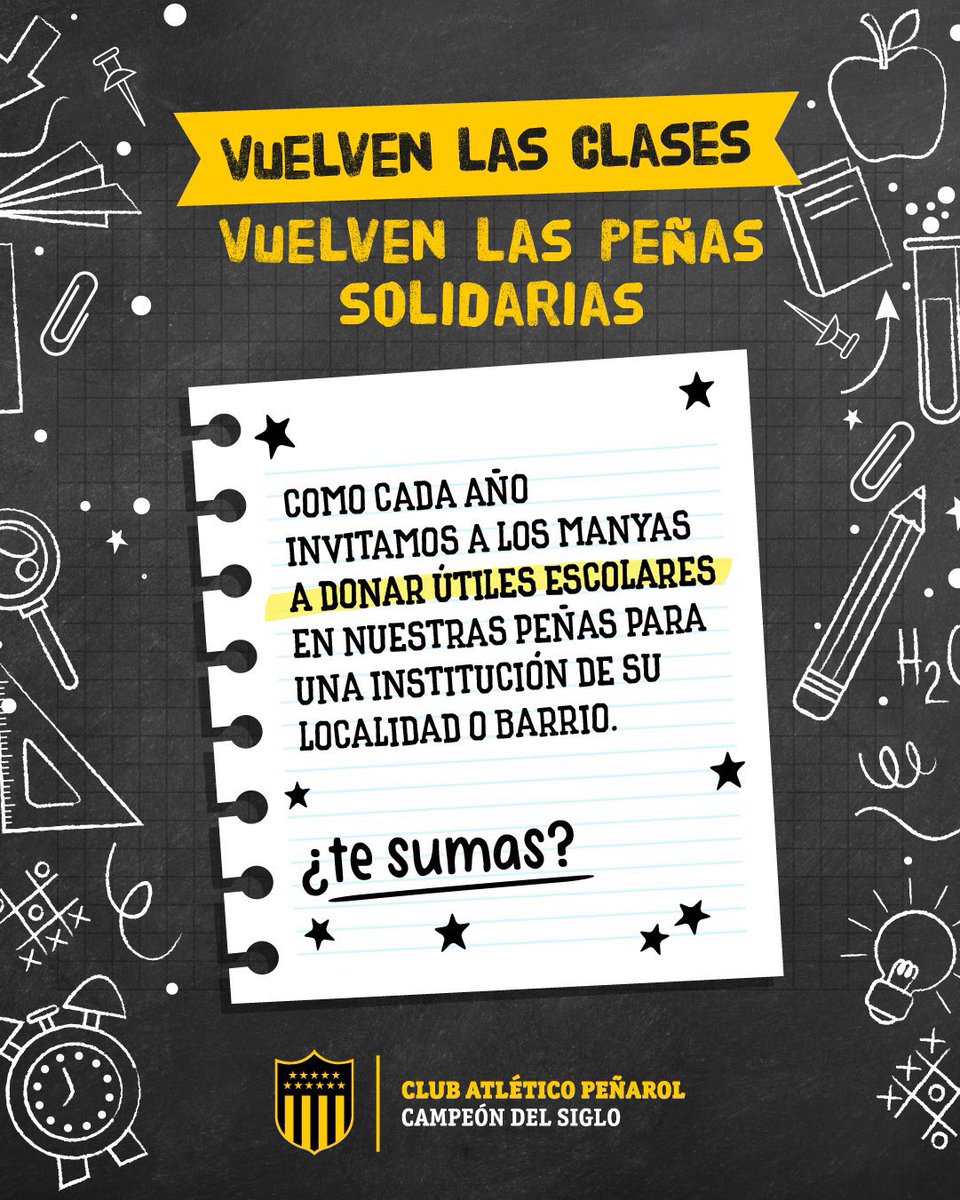 VUELTA A CLASES CON PEÑAROL 📚 

Como cada año, las Peñas impulsan la campaña solidaria "Vuelta a Clases con Peñarol" para colaborar con aquellos que más lo necesitan. 

Informate acá ➡️ peñarol.org/Noticias/-Vuel…