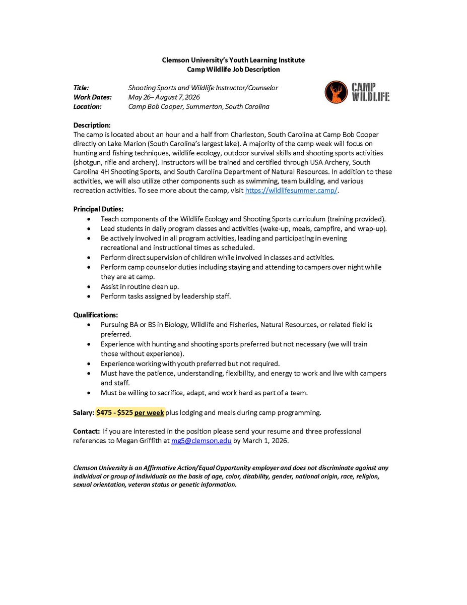 Widlife Majors! Checkout this summer opportunity with Clemson University's Youth Learning Institute!