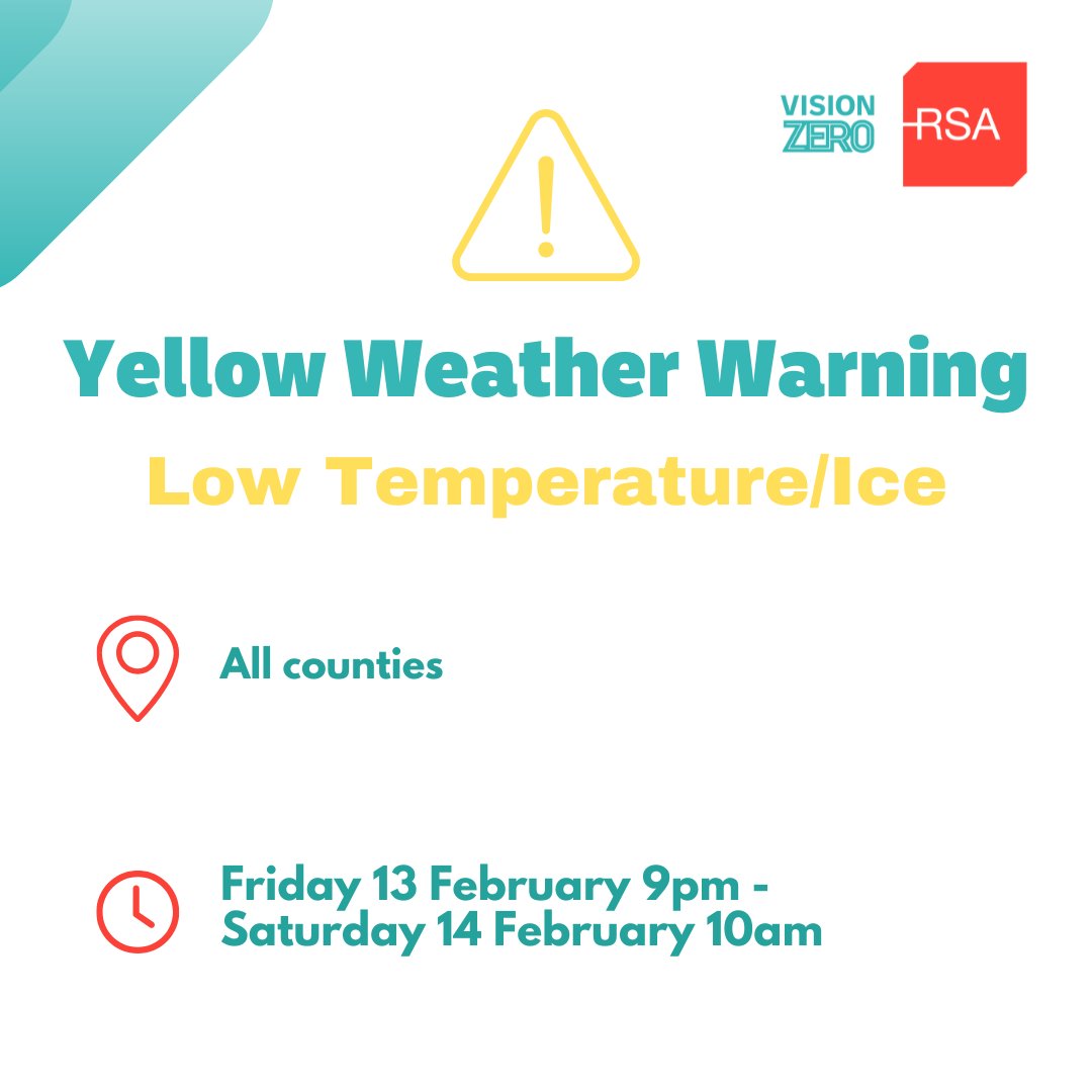 RSAIreland's tweet image. Met Éireann has issued a Low Temperature and Ice warning for all counties on Friday night. 

Drivers are urged to take care on the road.

#VisionZero