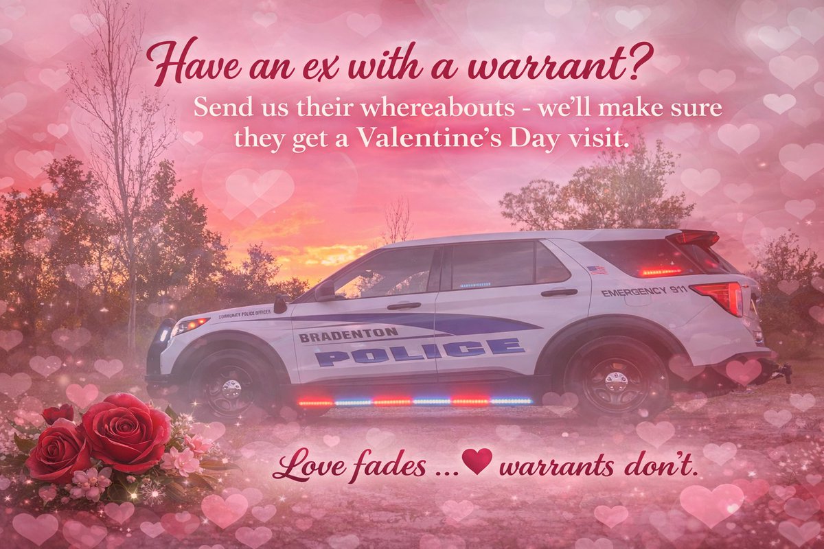 BradentonPD's tweet photo. 💗 We can't fix your love life ... but we can help you move on in the sweetest way possible. Help us keep our community safe while mending your broken heart.💔
If your ex has an active warrant, give us a call or send a crime tip through our website - we'd love to hear from you.
📱 941-932-9300
💌 https://t.co/N6PJJ4LFPX