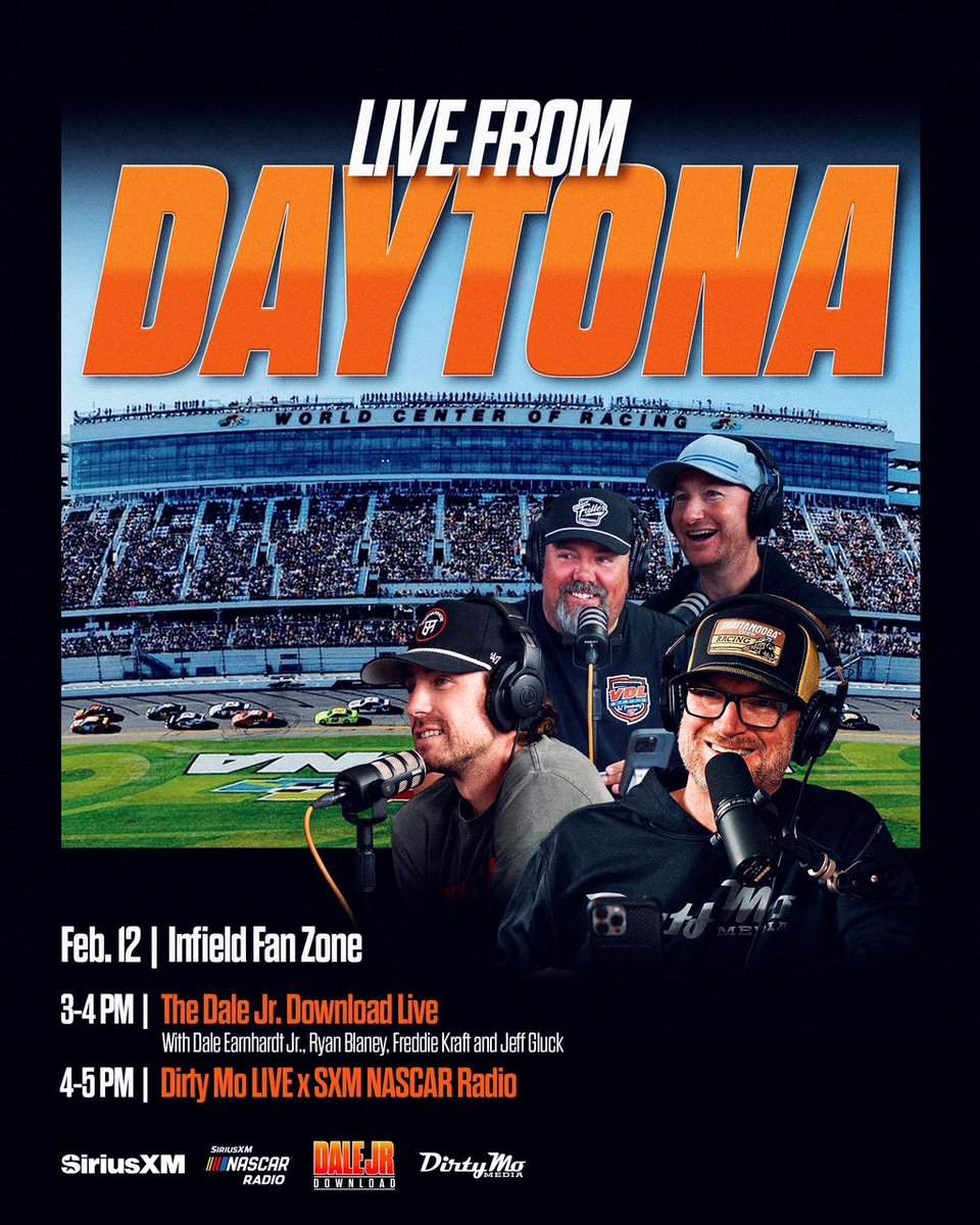 jeff_gluck's tweet photo. If you’re at Daytona today, make sure to stop by the fan zone stage at 3 p.m. for a live edition of the Dale Jr. Download, featuring guest appearances from Jeff Gordon, Ryan Blaney and my imposter syndrome. https://t.co/J2YteA4rXH