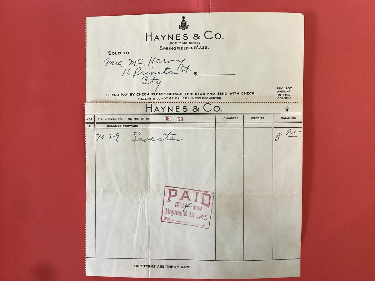 Haynes &amp; Co. was still around in 1953 when Mrs. M.A. Harvey of Princeton Street bought a sweater for $8.95. It appears she paid her bill within the 30 days allotted.