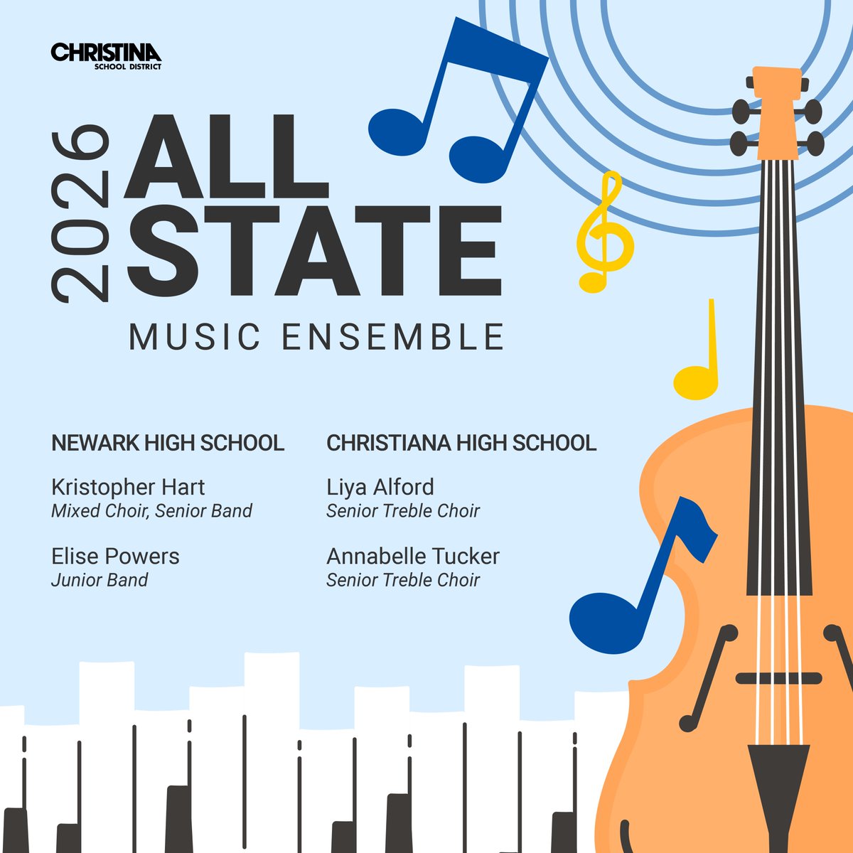 CSDStudentLife's tweet photo. Congratulations to our student musicians selected for the 2026 All-State Music Ensemble! Their hard work, talent, and dedication have earned them this incredible honor. We are proud of their achievement and excited to see them shine on stage. https://t.co/pCPwHPXuz6