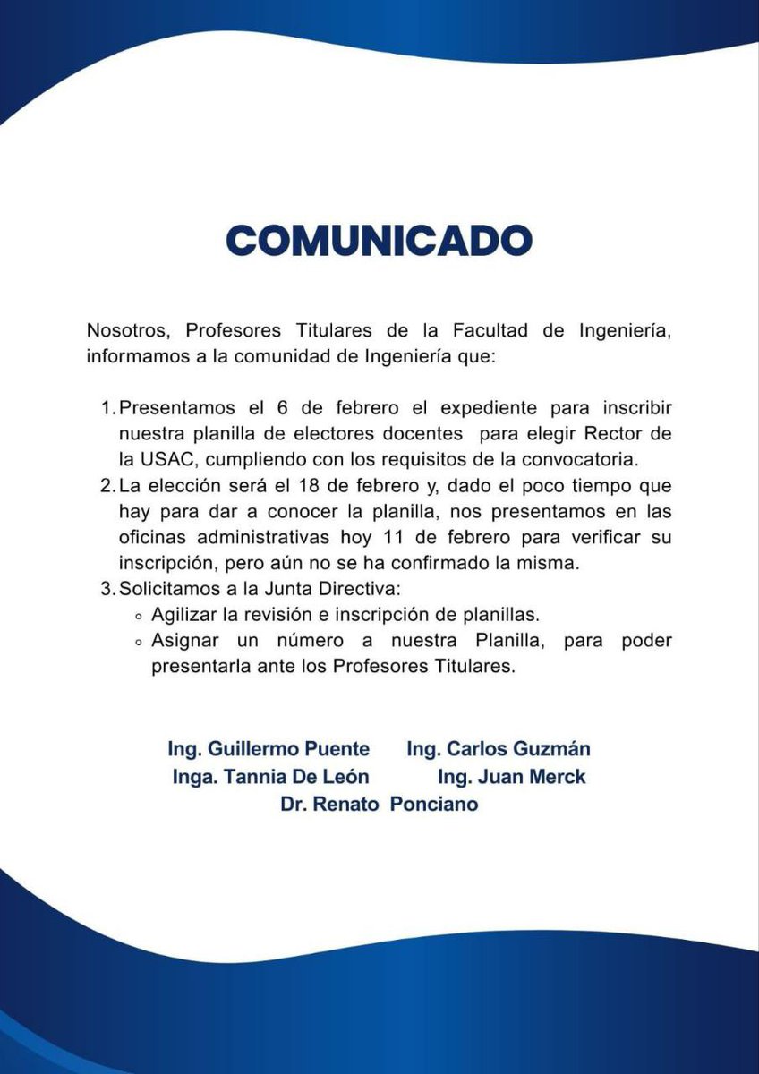 ⚠️Catedráticos de la Facultad de Ingeniería de la #Usac señalan retraso en la inscripción de su planilla para integrar uno de los cuerpos electorales que elegirá rector. 

🗓️La primera ronda de elección de ese cuerpo electoral de 5 profesores será el próximo miércoles 18 de