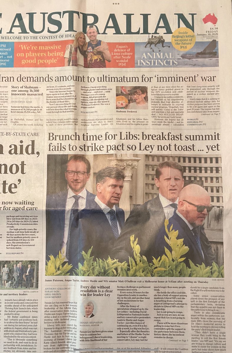 JaneDeany's tweet photo. A week later, more scheming, as reported in The Australian, also associated with your employer. Undermining of SussanLey in a tasteless way prior to Katie Allen’s funeral 29 Jan 2026. Very undignified. No class. Such poor judgement on display for all to see #Auspol2026 https://t.co/mg415lIwzu