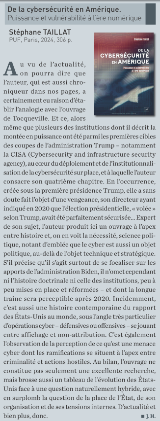DSI_Magazine's tweet photo. #Lecturestrat @staillat, De la cybersécurité en Amérique. Puissance et vulnérabilité à l'ère numérique, paru dans DSI n°177. https://t.co/tdwK6k6kPh