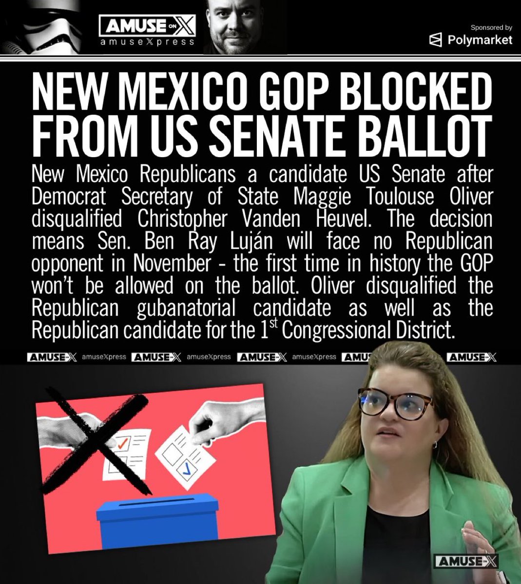 WellsJorda89710's tweet image. 🚨 ELECTION INTEGRITY ALERT: New Mexico Democrats just pulled off the ultimate voter suppression move!

Democrat SOS Maggie Toulouse Oliver DISQUALIFIED the Republican challengers for US Senate, Governor, AND CD-1—citing "not enough signatures."

Result? NO GOP candidate on the…