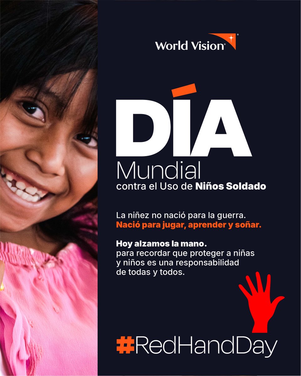 ✋🔴 La infancia no debe estar en la guerra.

En el #RedHandDay levantamos la mano para decir:
Alto al reclutamiento de niñas, niños y adolescentes.

La niñez merece protección, educación y un futuro seguro. ❤️

#DíaDeLaManoRoja #NiñezSinViolencia