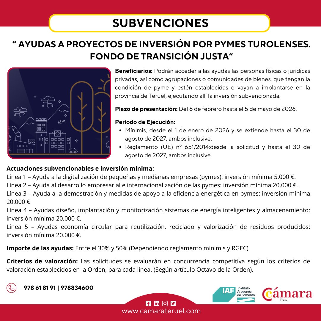 📢¿Tienes un proyecto en mente para tu empresa en la provincia de Teruel?

¡Es el momento de hacerlo realidad con las nuevas ayudas FTJ-IAF 2026! 

Contacta con nostros 👉camarateruel.com

#CámaraTeruel #EmpresasTeruel #AyudasEmpresas #Sostenibilidad #Digitalización