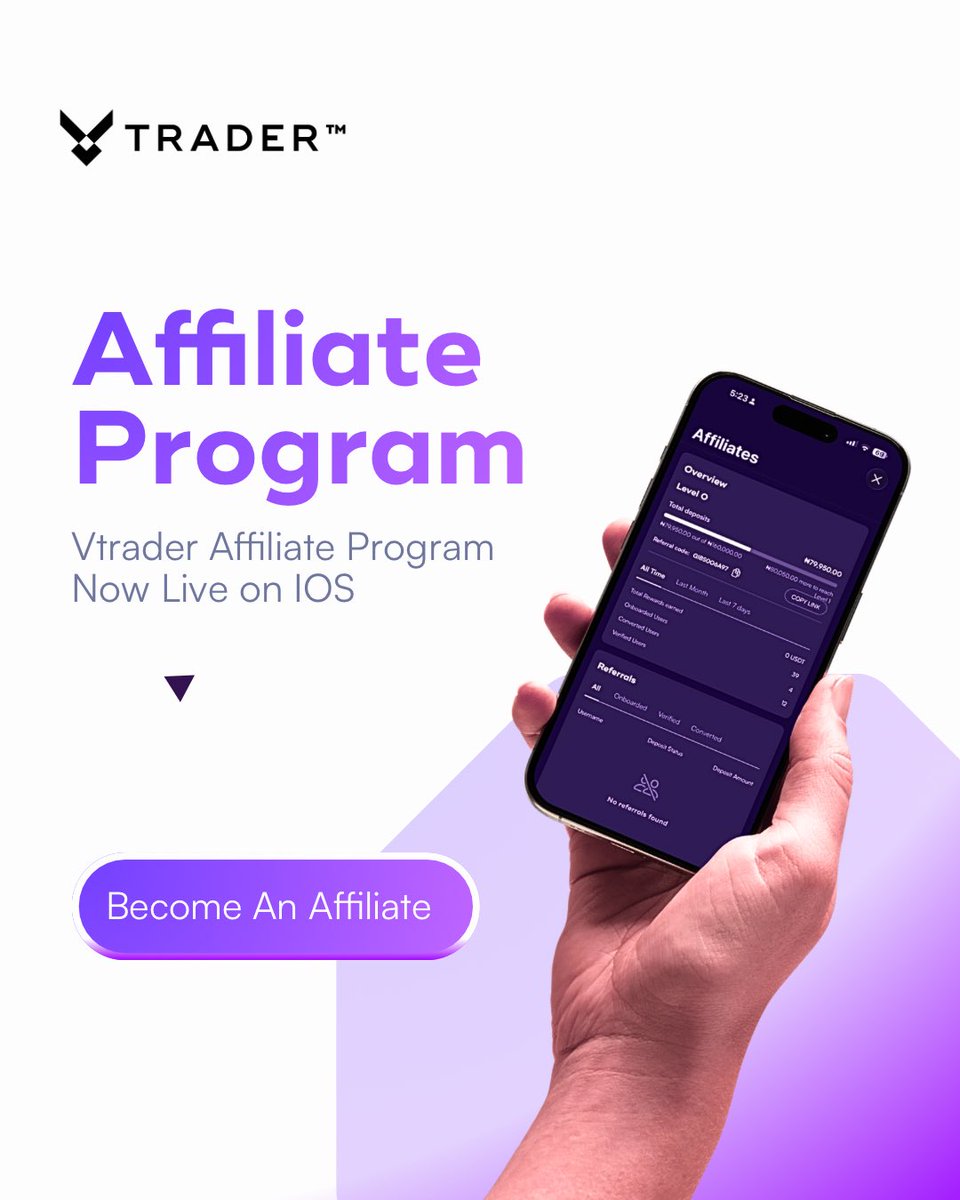 🚀 The VTrader Affiliate Program is now LIVE on iOS.

Earn rewards for every qualified user you onboard.
Track referrals. Monitor deposits. Grow your earnings — all in-app.

Ready to build your network?
Start your affiliate journey today👇🏾

vtrader.io/en-ng/affiliat…

#VTrader