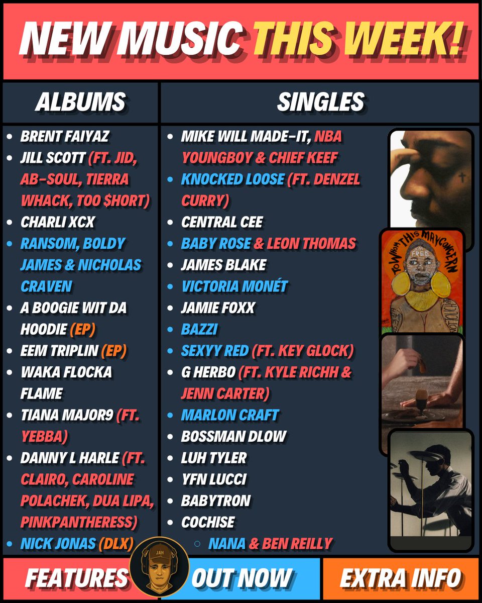 Brent Faiyaz, Jill Scott, and Charli XCX are dropping albums tonight! Ransom, Boldy James, and Nicholas Craven also dropped a collab album that I can't wait to tap into...

Anyways, here's all the new music dropping tonight! Who's getting your first listen?